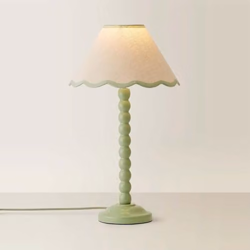 ValueLights Sage Green Bobbin Stem Table Lamp with Scallop Shade