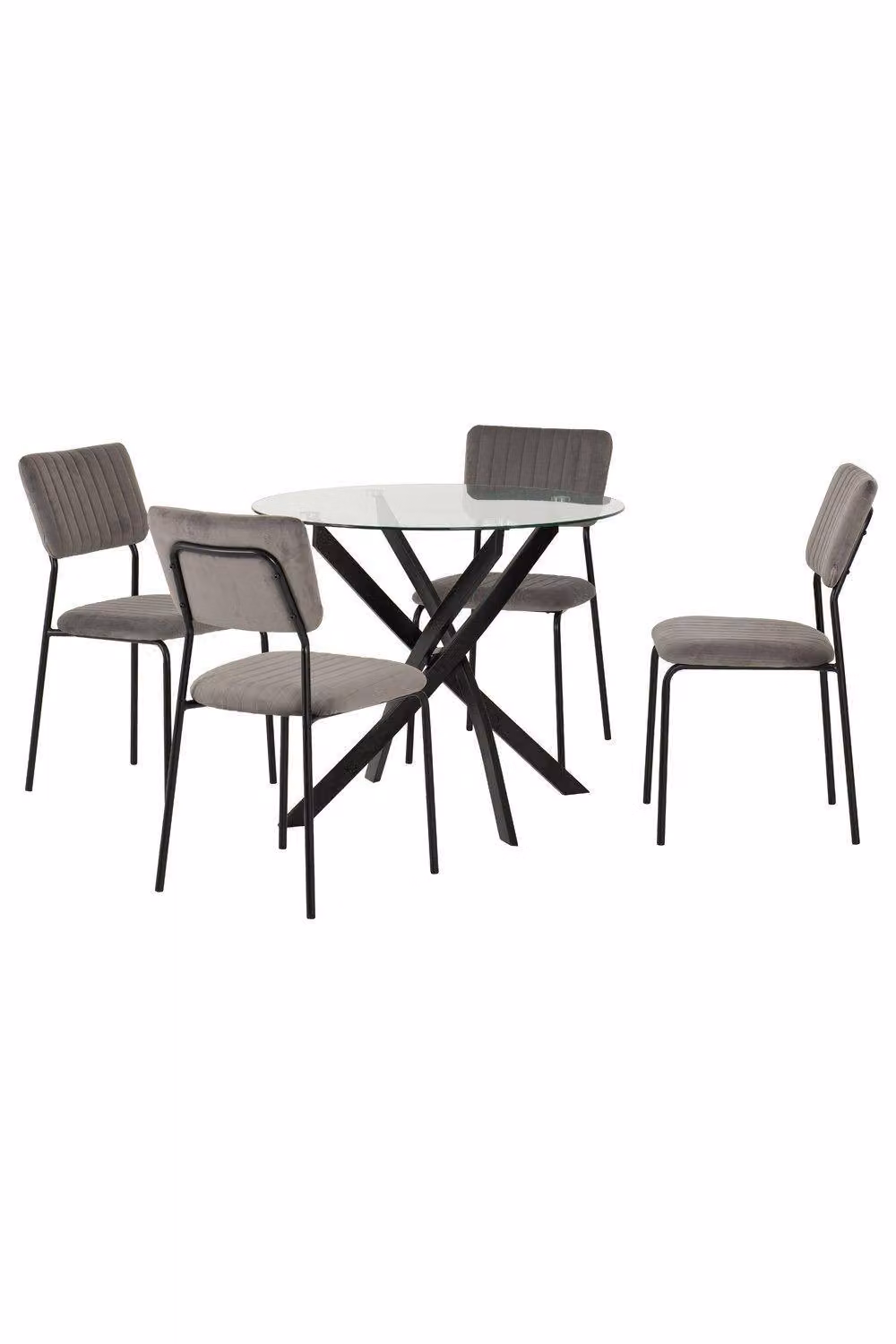 Seconique Sheldon Round Glass Top Dining Set with 4 Grey Velvet Chairs – 2