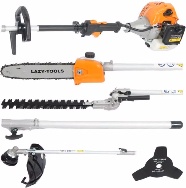 Lazy Tools 5-in-1 Petrol Gas Garden Multi-Tool with Strimmer, Hedge Trimmer and Chainsaw in Orange