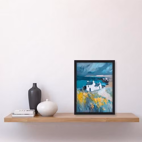 Artery8 Coastal Scottish Cottage Wildflowers Framed Oil Painting Wall Art Print, Multicolour, A4 – 4