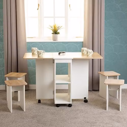 Seconique Seymore Stowaway White Dining Table and 4 Stools Set with Drop Leaf and Telescopic Pull Out Feature – 1