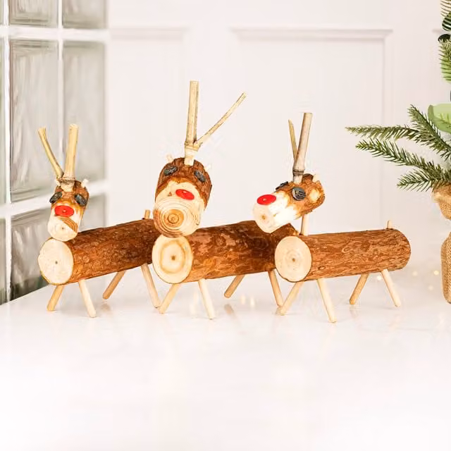 Marco Paul 3-Piece Rustic Wooden Log Reindeer Family in Brown and Red