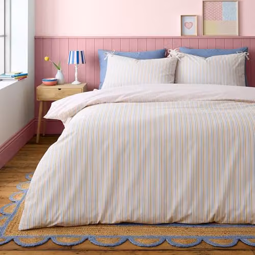 Catherine Lansfield Brighton Stripe Bow Trim Duvet Cover and Pillowcase Set, Multicolour, W/D/H: 180 x 200 cm, Pillowcases 50 x 75 cm