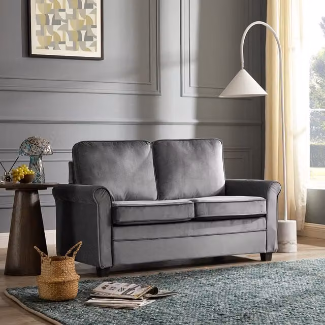 Natalia 2 Seater Grey Velvet Pull Out Sofa Bed with Mattress and Scatter Cushions