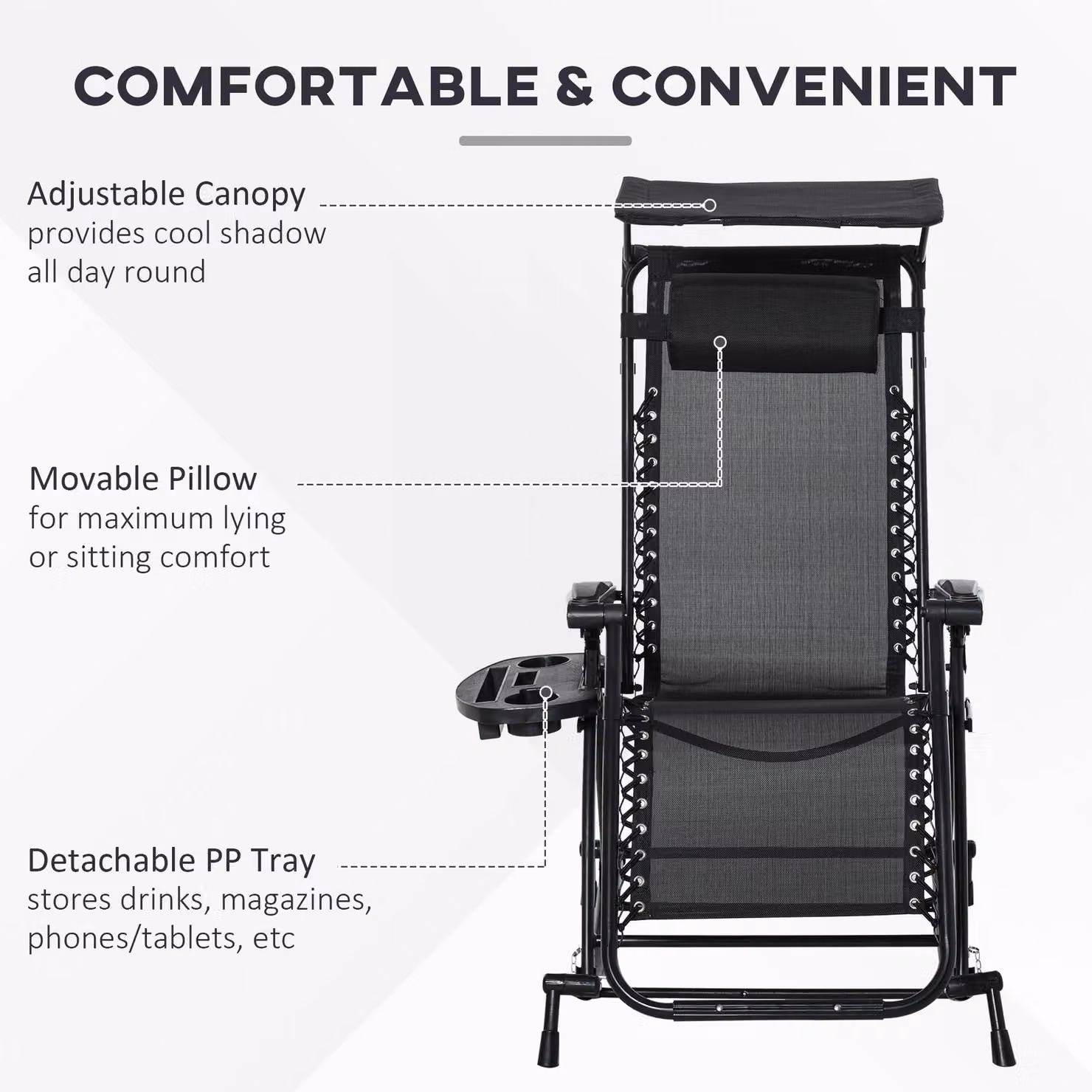Outsunny Black Garden Rocking Chair Folding Recliner with Adjustable Headrest and Side Tray – 5