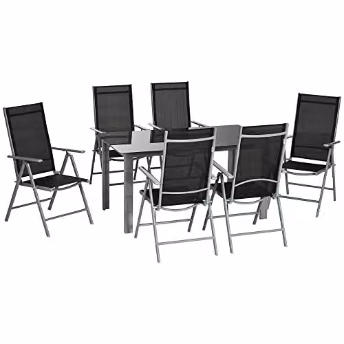 Outsunny 7 Piece Garden Dining Set with Tempered Glass Table and 6 Reclining Chairs in Black – 2