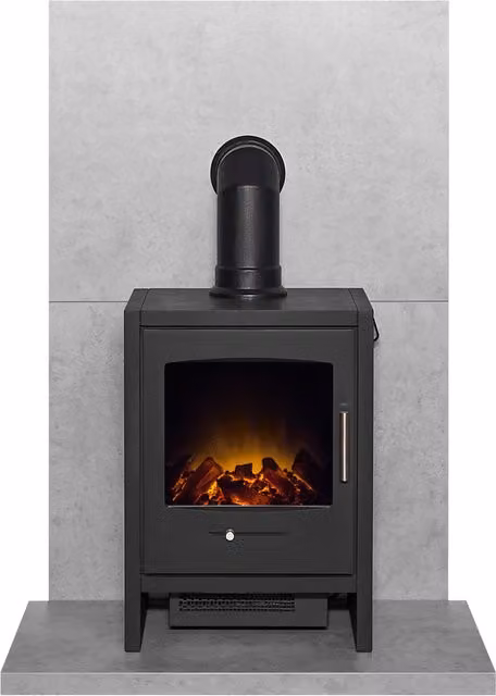 Acantha Fires & Fireplaces Tile and Hearth Set in Concrete Effect with Bergen Stove and Angled Pipe in Grey – 1