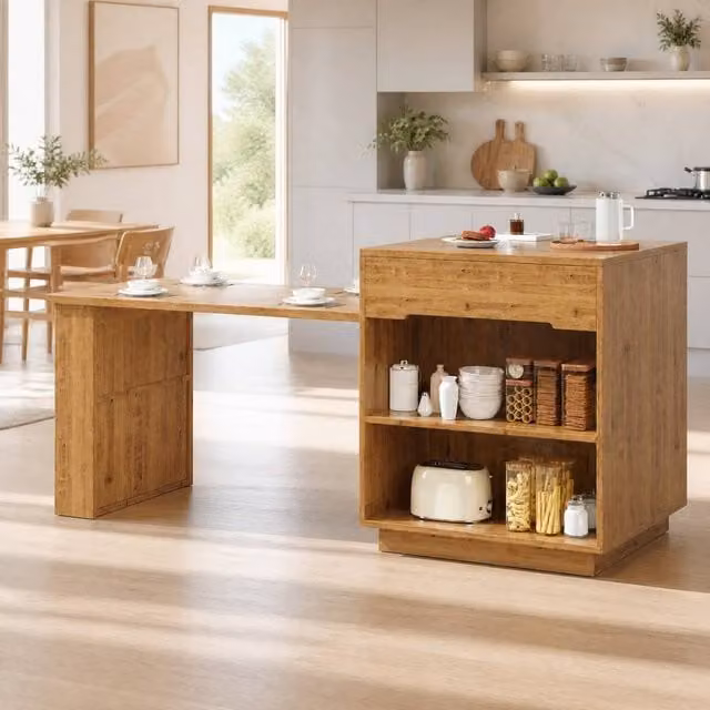 STILVORA Kitchen Island with Extendable Table and LED Lighting in Light Oak