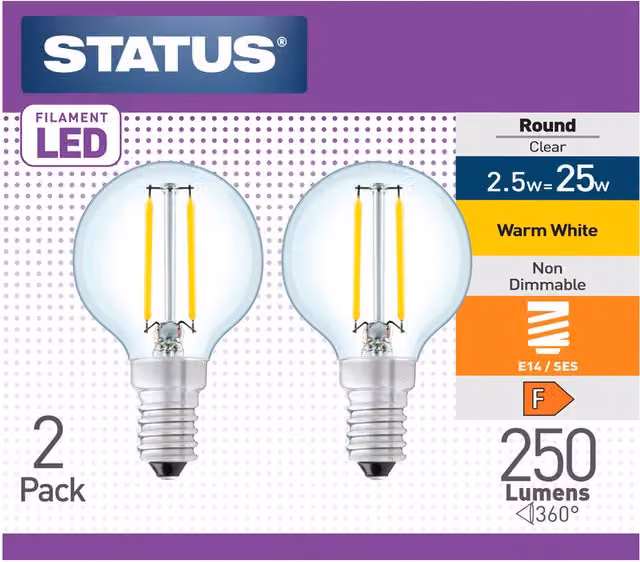 Status Pack of 2 Vintage Filament LED Lightbulbs, Warm White, E14, 2.5W, Transparent