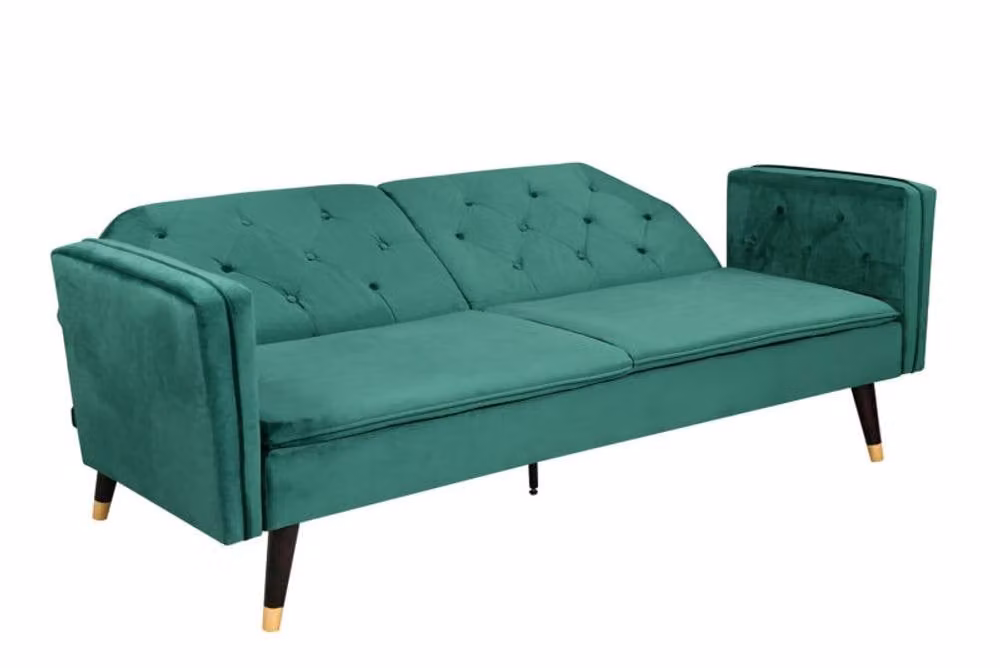 Comfy Living Ltd Plush Velvet Tufted Click Clack Sofa Bed in Green with Black and Gold Metal Legs – 2
