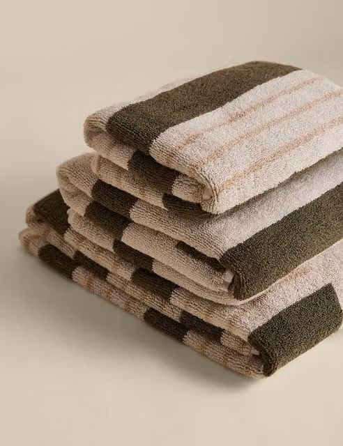M&S Fluffy Pure Cotton Striped Towel in Green Mix