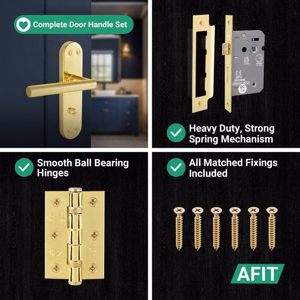 AFIT T-Bar Polished Brass Bathroom Backplate Lock and 64mm Hinges Set in Gold, W/D/H: 15 x 15 x 1.5 cm – 2