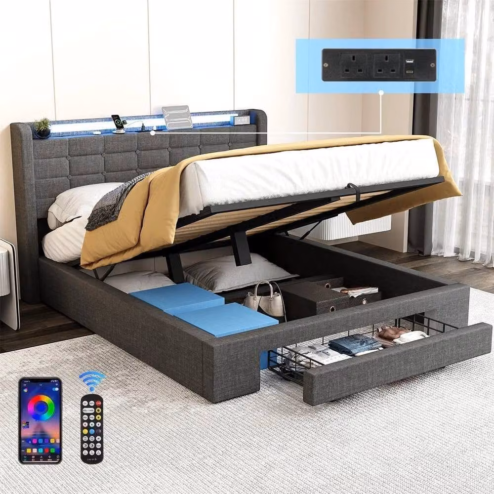 SPETLEK Grey Upholstered Panel Bed Frame with LED Under-Bed Lighting and USB Charging Port, 4FT6 Double, 140 x 200 cm – 2