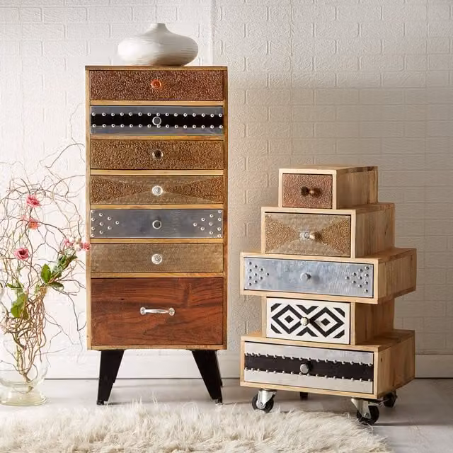Scorio Worcester 7 Drawer Tall Chest in Brown Wood Industrial Style