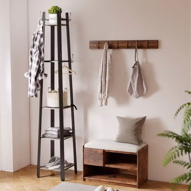 HOMCOM Industrial Metal Coat Stand with 4 Storage Shelves and 8 Hooks in Grey