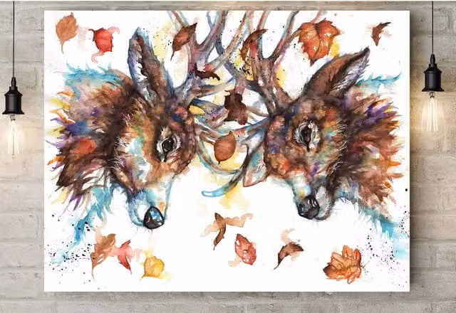 BebesArts Rutting Stags Canvas Wall Art, Brown and Multicolour, W: 40.64 cm, H: 60.96 cm
