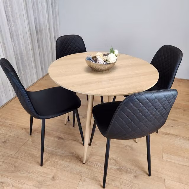 Kosy Koala Round Oak Effect Dining Table and 4 Black Faux Leather Chairs Set