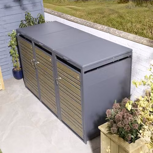 Rowlinson Chelsea Triple Bin Store in Grey Coated Steel, W200.5 x D81 x H116.5 cm – 2