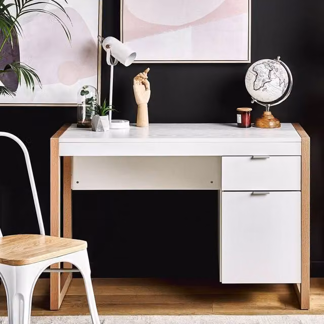 Wyld and Coco White Minimalist Writing Desk with Drawer and Hidden Cabinet W/D/H: 110 x 50 x 76 cm – 1