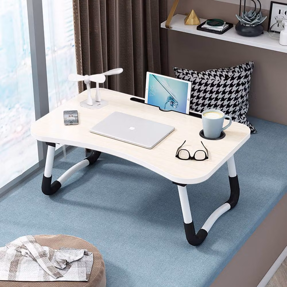Living and Home Folding Laptop Bed Table with LED Light, Fan, 4 USB Ports, Tablet Slot and Cup Holder in Beige – 3