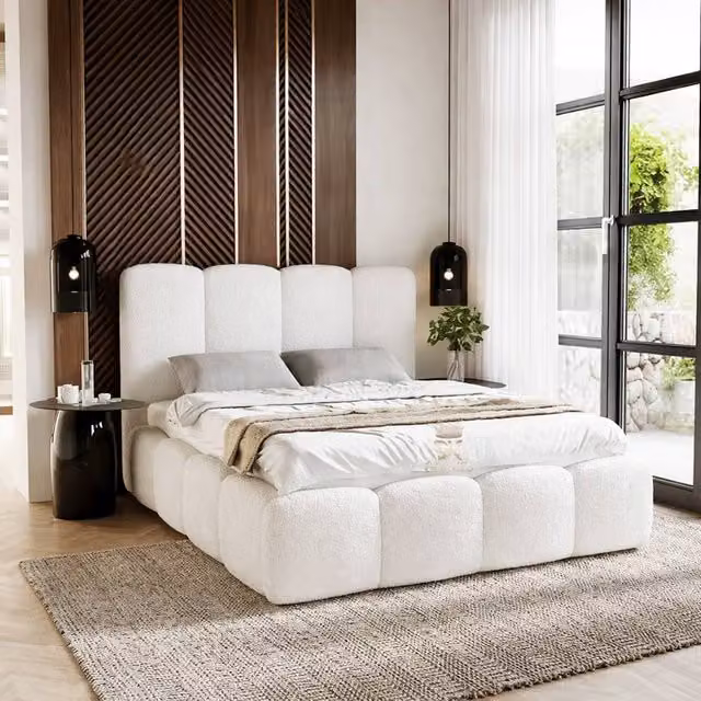 Paradise Beds Ltd Teddy Fleece Cloud of Boucle Upholstered Bed Frame, Cream/Beige, W: 180 cm, D: 200 cm