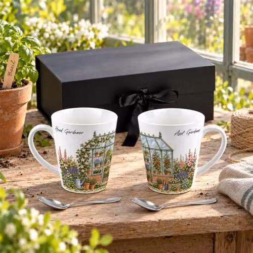 Purely Home Greenhouse Gardening Latte Mugs and Spoons Gift Boxed Set in Green and White with Floral Design – 2