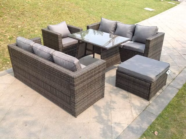 Fimous Dark Grey Rattan Lounge Sofa Dining Table Set with Chairs and Footstool