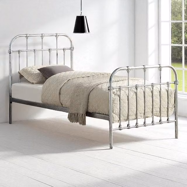 OAT Home Camden Industrial Metal Bed Frame in Silver and Black, W/D/H: 90 x 190 cm