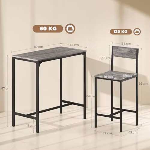 HOMCOM 3-Piece Industrial Bar Table and Stools Set in Grey and Black – 4