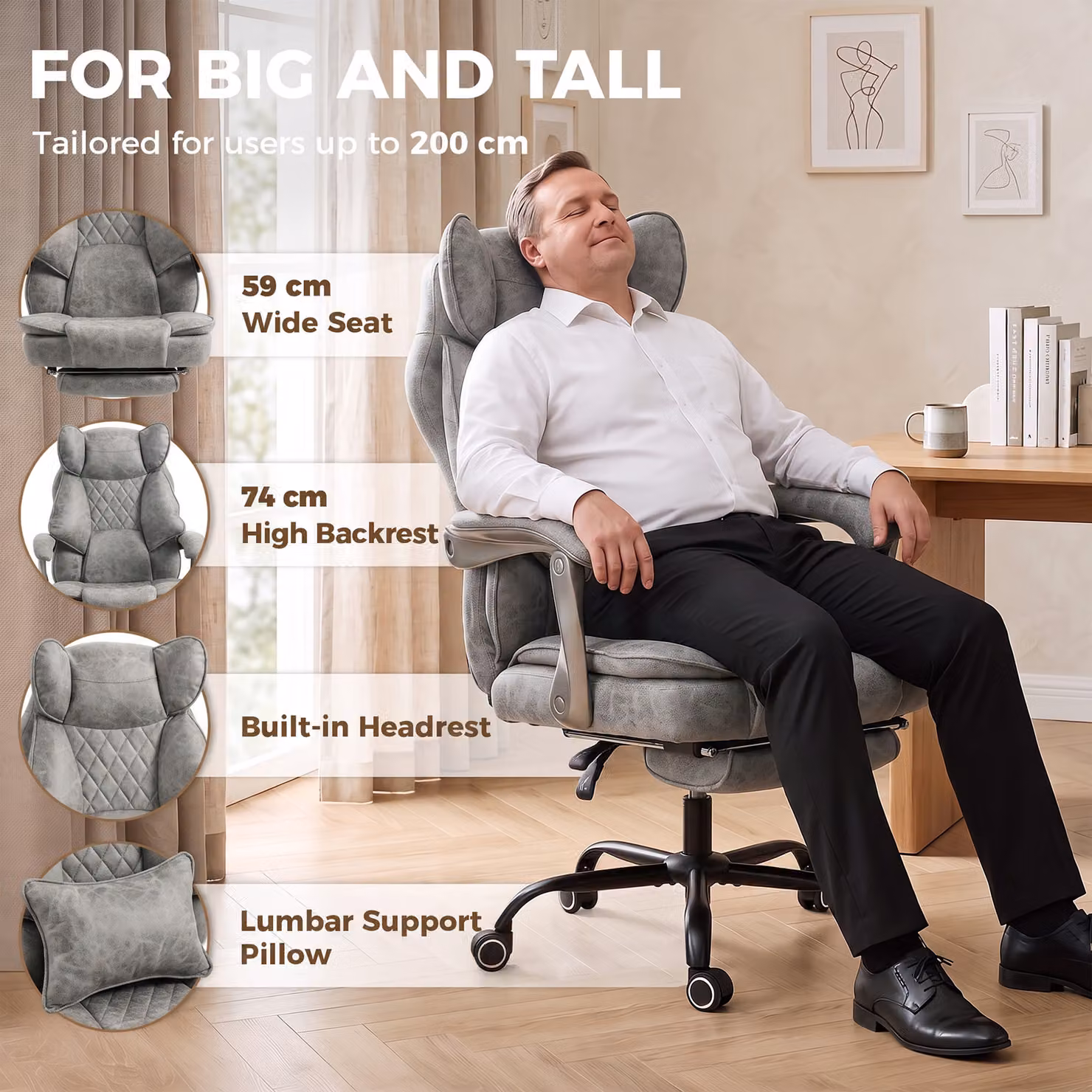 HOMCOM Grey Executive Office Chair with Headrest, Lumbar Support and 180 kg Capacity – 4