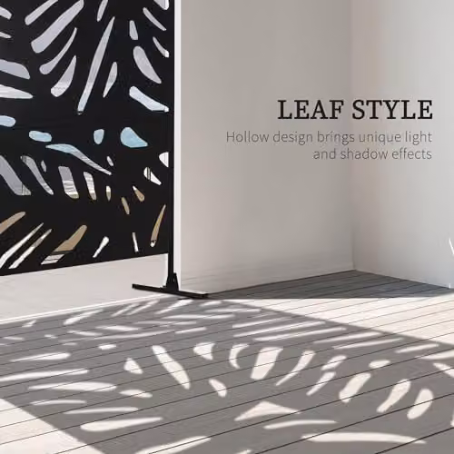 Outsunny Black Decorative Garden Privacy Screen with Large Leaf Design, Freestanding Metal Trellis Paravent, H 198 x W 122 x D 45 cm – 3