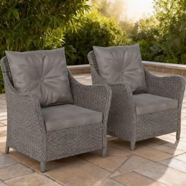 ERGOVEXA Set of 2 Modern Grey Polyrattan Garden Chairs with Removable Weather-Resistant Cushions and Armrests