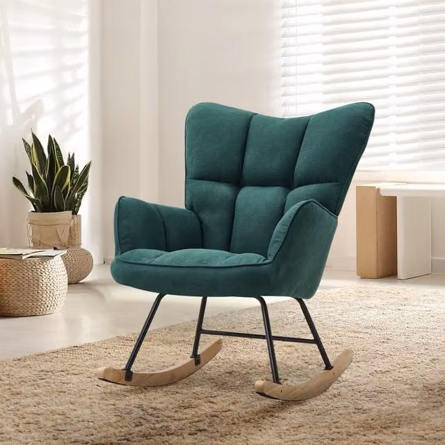 Livingandhome Scandinavian Tufted Rocking Armchair in Green Fabric with Armrests