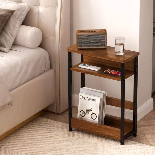 London Boutique 3-Tier Narrow Side Table with Magazine Rack in Walnut and Black