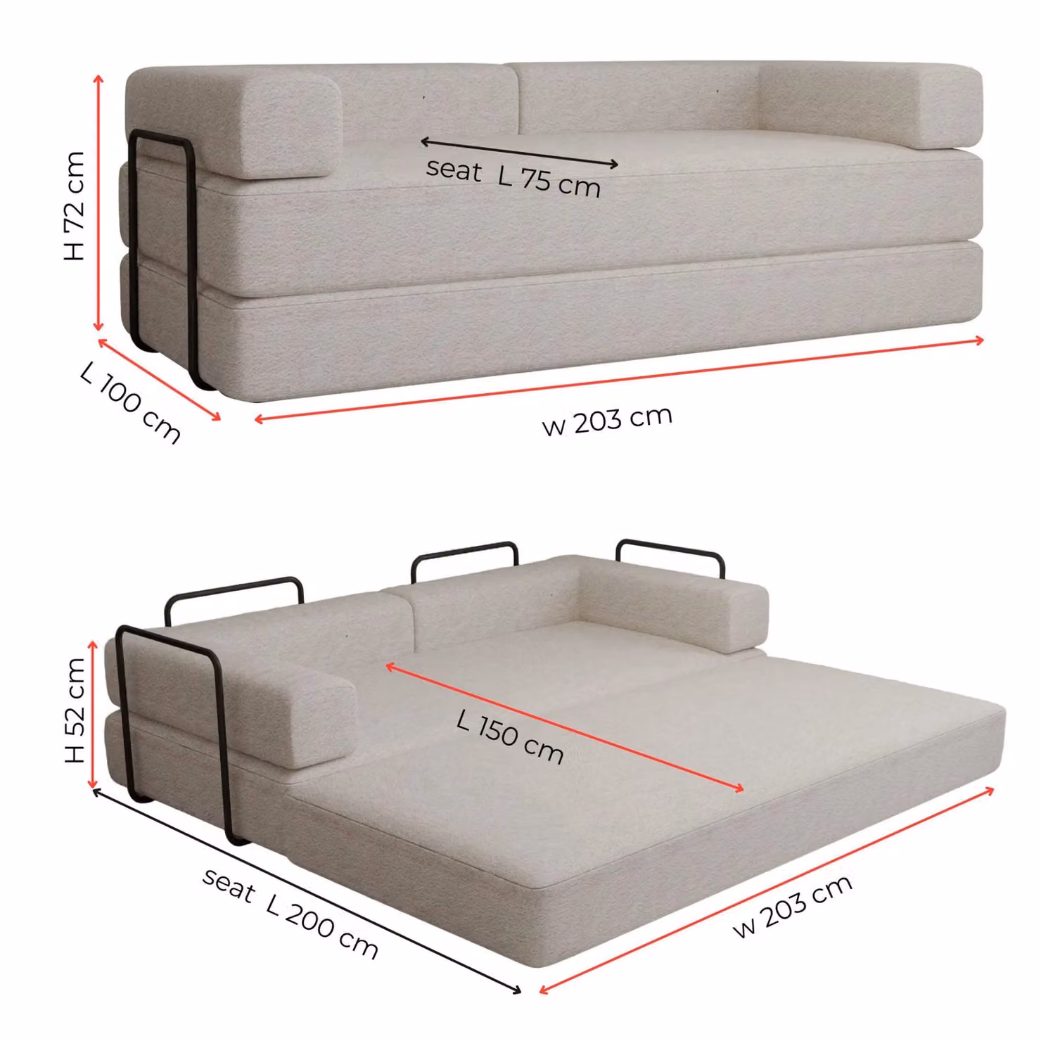 MN Furniture Modern 3 Seater Fabric Sofa Bed in Camel with Metal Frame – 2