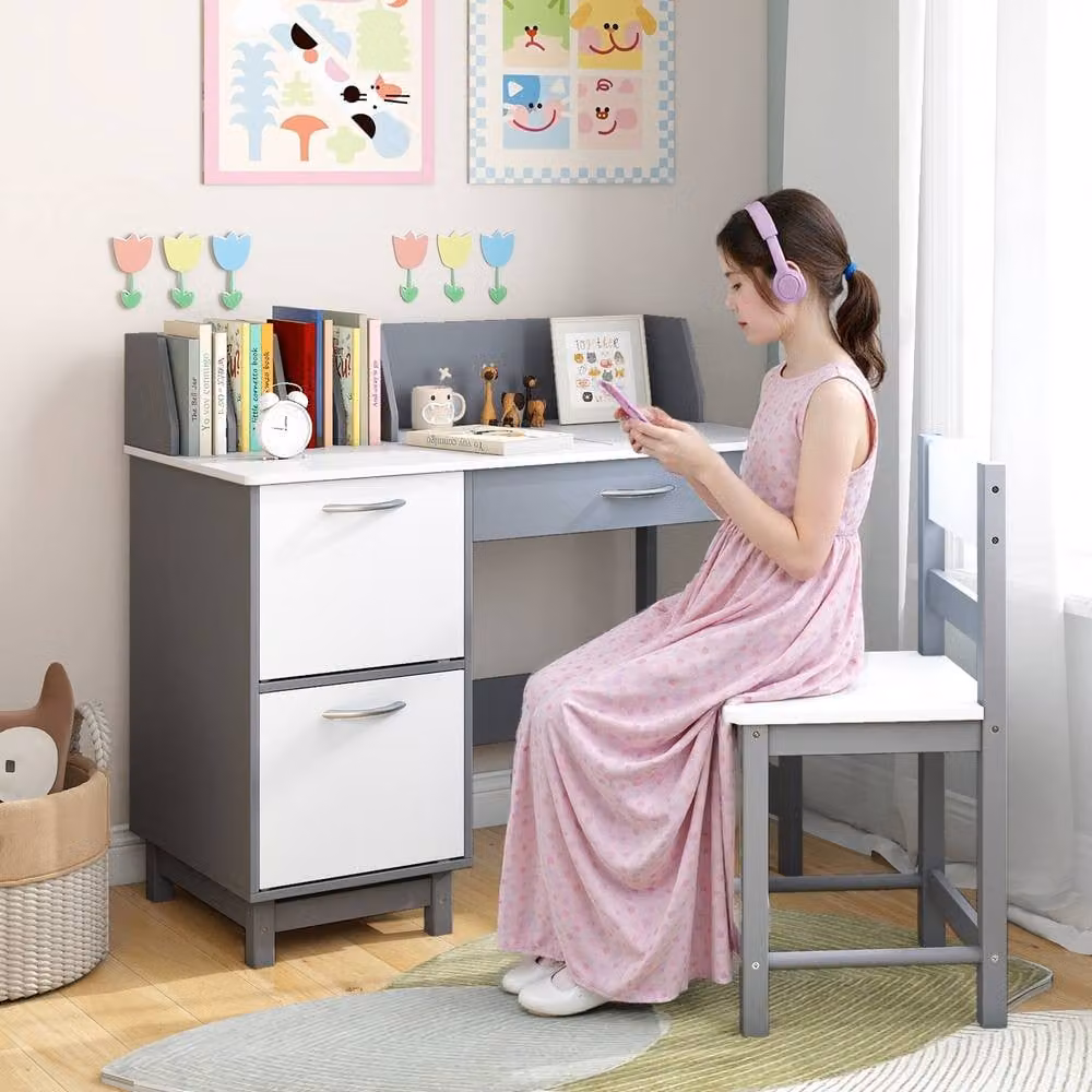 Costway Kids Wooden Study Desk and Chair Set in Grey – 3