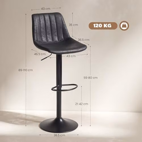HOMCOM Set of 2 Black Swivel Bar Stools with Synthetic Leather and Metal Frame – 3