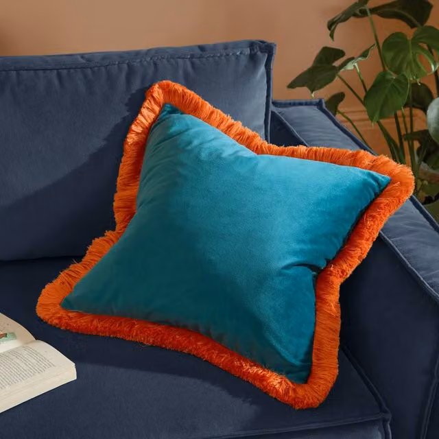Furn Halo Fringed Velvet Cushion in Turquoise Blue, W/D/H: 50 x 50 x 50 cm