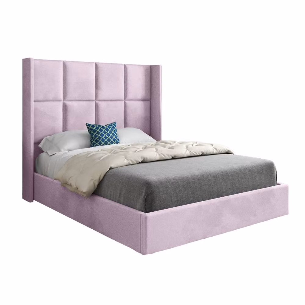 KDMD Stafford Winged Upholstered Pink Soft Velvet Designer Bed Frame, W/D/H: 200 x 137 x 189 cm – 2