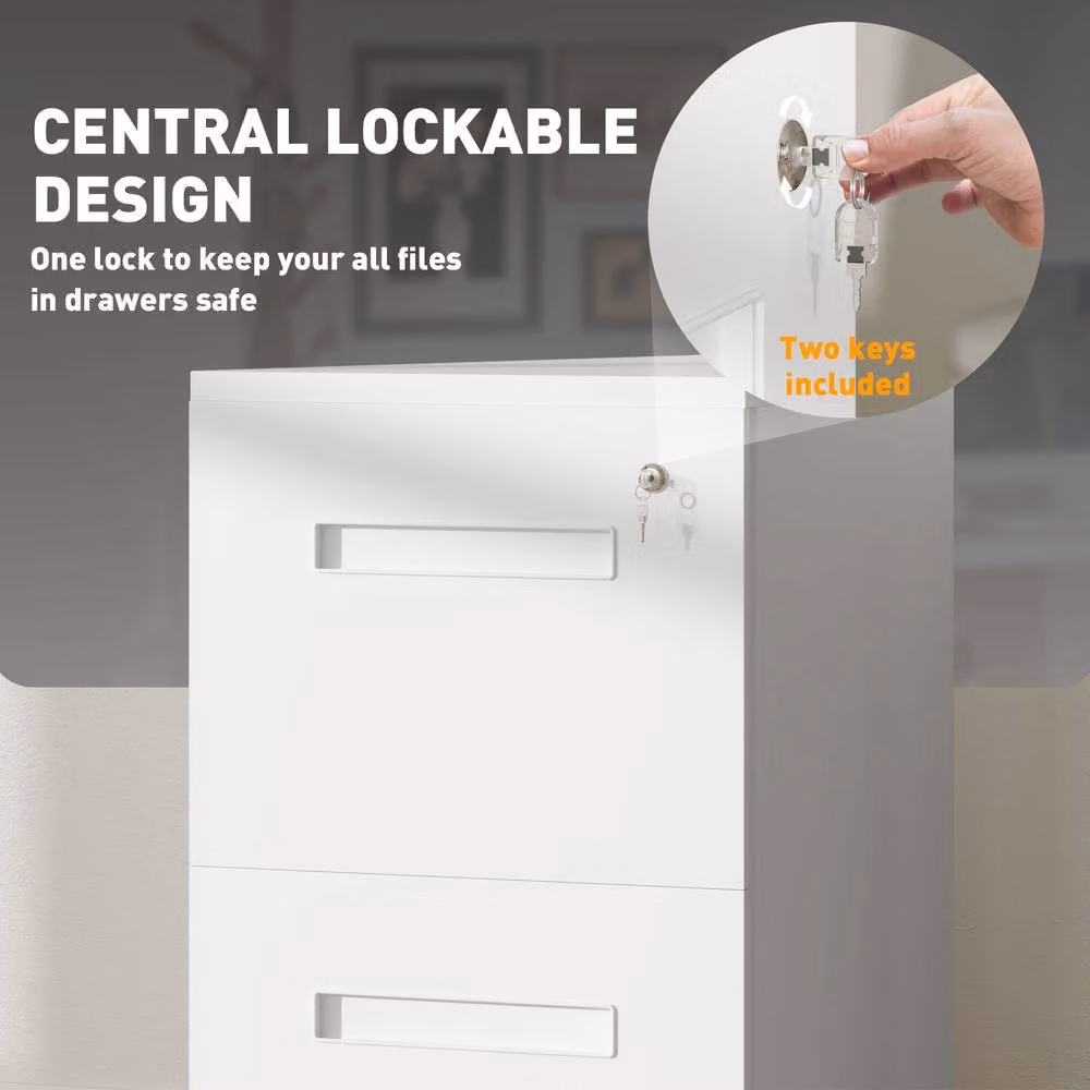 STILVORA Lockable 2-Drawer Metal Filing Cabinet with Castors in White – 4