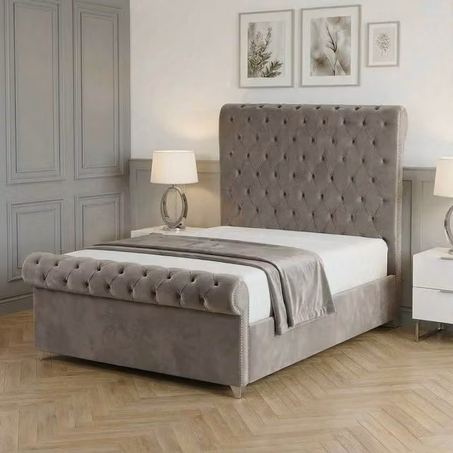 Living Comfort Bedz Regency Sleigh Slatted Base Upholstered Velvet Bed in Grey, W/D/H: 140 x 200 cm