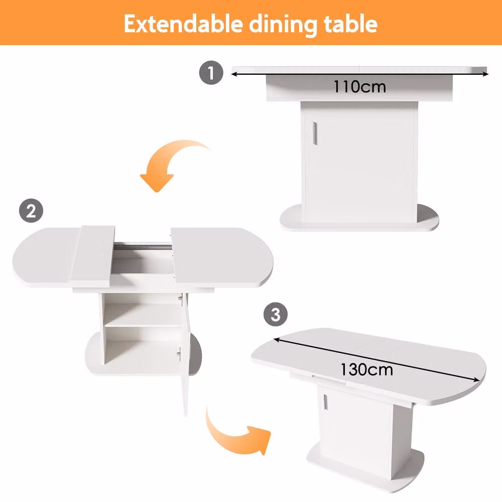Merax Extendable Oval Pedestal Dining Table with Built-in Storage Cabinet in White and Silver – 3