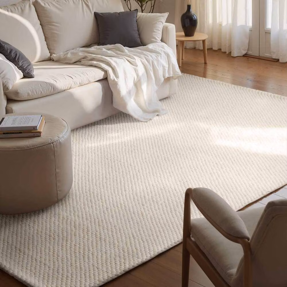 THE RUGS Lyon Handwoven Wool and Cotton Beans Round Rug in Beige and White, Diameter: 200 cm – 2