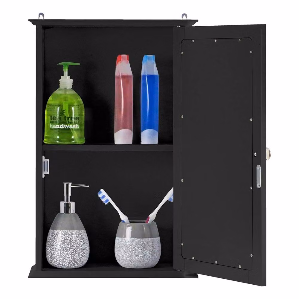 NESTLUNE Black Wooden Wall Mounted Bathroom Cabinet with Mirror and Internal Shelves – 2