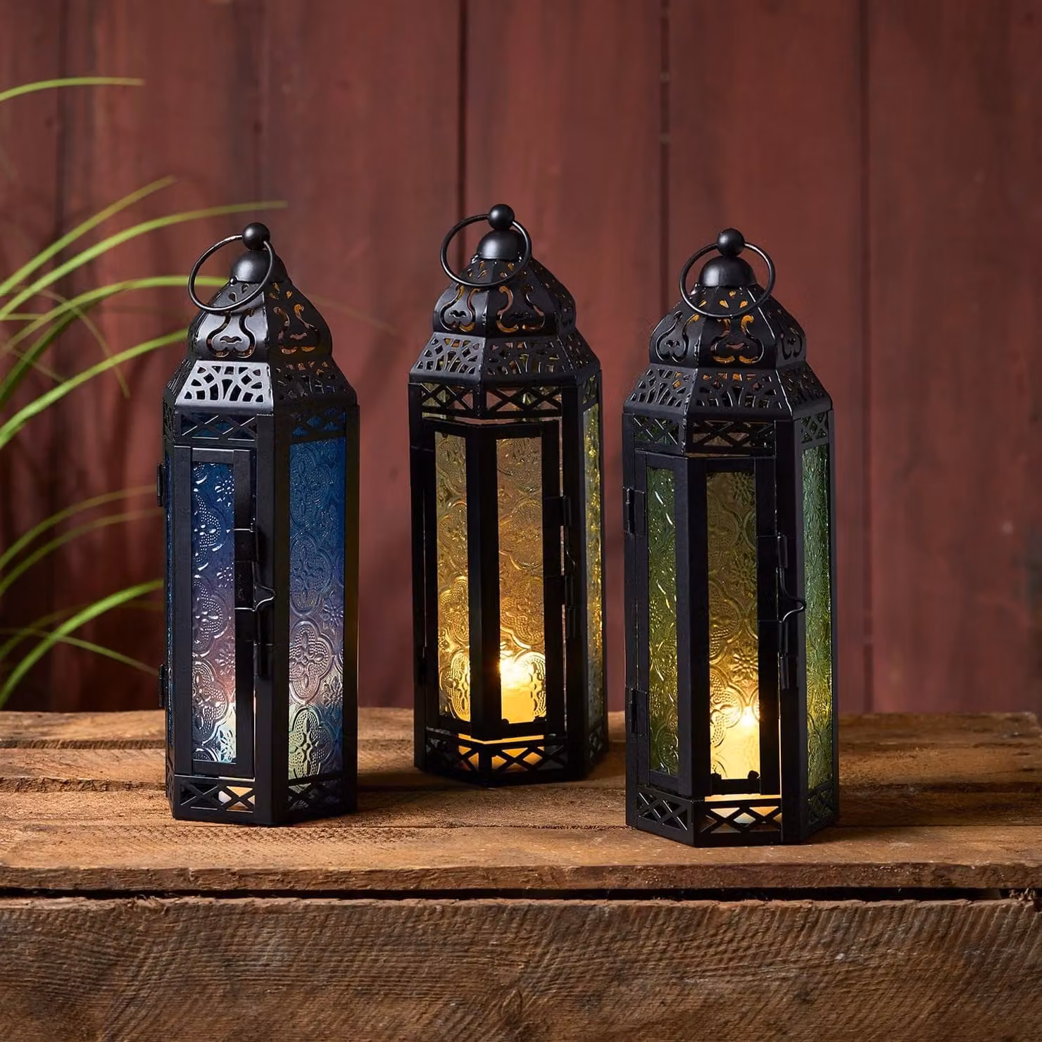 Lights4fun Set of 3 Black Metal Moroccan Tabletop LED Flameless Candle Lanterns with Colourful Glass