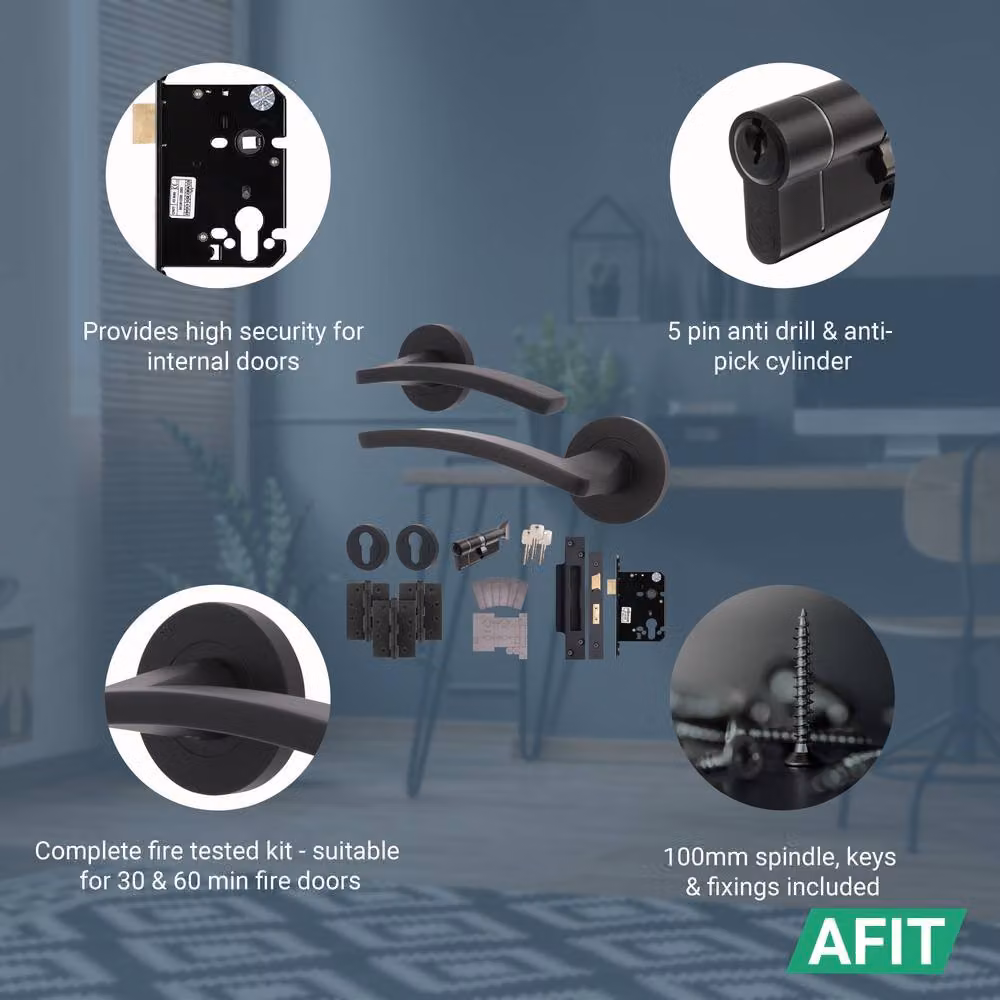 AFIT Black Fire Door Handle, Euro Lock Thumbturn Cylinder Set and Hinges, W/D/H: 15 x 15 x 15 cm – 2