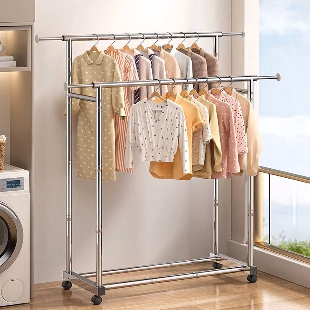 NESTLUNE Heavy Duty Double Metal Clothes Rail Hanging Rack in Silver, H 164.5 x W 149 cm x D 42.1 cm – 3