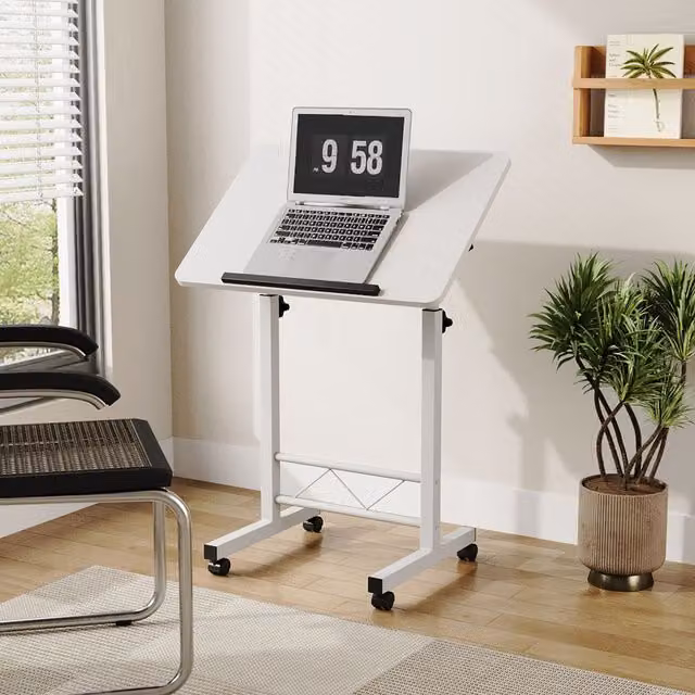 Livingandhome Height Adjustable Bed Table with Castors, White