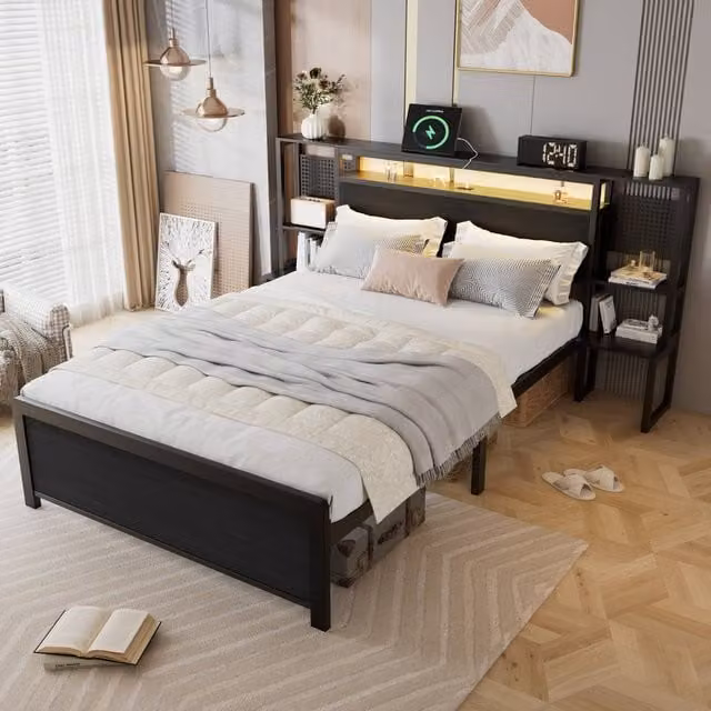 Merax Black Metal Double Bed Frame with Bedside Tables, LED Lighting and USB Charging Ports, W/D/H: 140 x 200 x 135 cm – 1