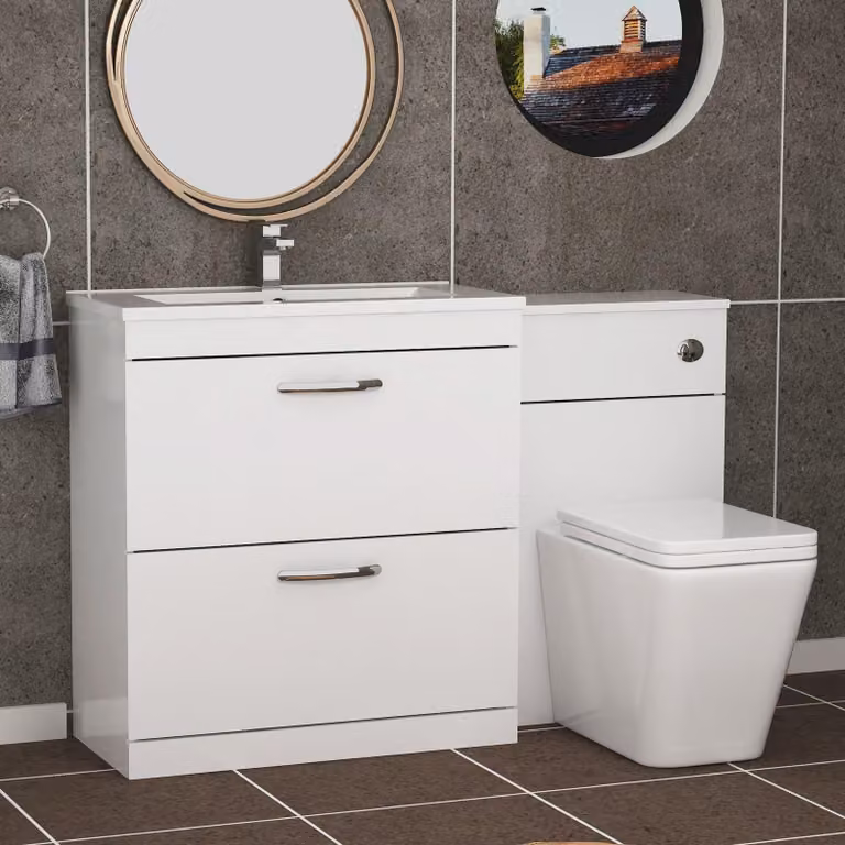 Royal Bathrooms Turin Gloss White Minimalist Floor Standing Bathroom Furniture Pack with 2-Drawer Unit and Slim Elena Toilet